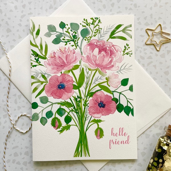 Floral Card. Watercolor Flowers. Flower Bouquet Card. Birthday Card. Card for Friend. Blank Card. Thank you Card. Peonies Card. Poppies card