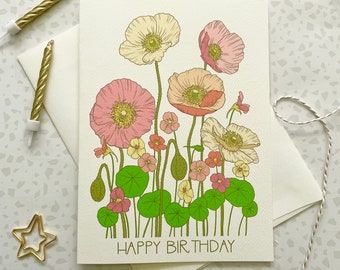 Poppy Birthday Card. Nasturtiums Card. Floral Card. Vintage Floral. Blank Flower card. Gift for gardener. Birthday cards. Happy Birthday