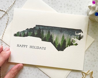 Snowy Trees Card. North Carolina Card. NC Holiday Card. Set of 10 Cards. Blank Xmas Card. Non-Religious. Happy Holidays. Watercolor Card