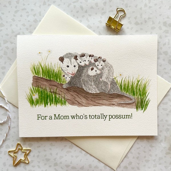 Possum Card For Mom. Mother's Day. Opossum Mama. Pun Card. Bird Card. For Grandma. Blank Card. Funny Mom Card. Possum with babies