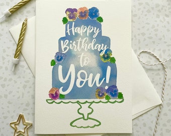 Birthday Cake Card. Happy Birthday. Floral Birthday. Pansy card. Floral Gift. Watercolor card. Tiered Cake. Blank card. Cake Painting