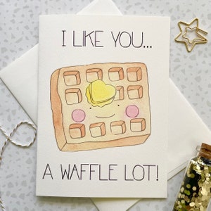Waffle Card. Foodie Card. Food Pun. Same sex card. Card for her. Card for him. Love card. Kawaii Waffle Card. I like you card. Blank Card image 1