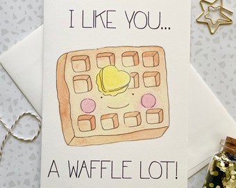 Waffle Card. Foodie Card. Food Pun. Same sex card. Card for her. Card for him. Love card. Kawaii Waffle Card. I like you card. Blank Card