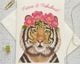 Flower Crown Tiger. Tiger Card. Boho Tiger. Fierce and Fabulous. Blank Card. Single Card. Tiger Art. Tiger Gift. Encouragement Card