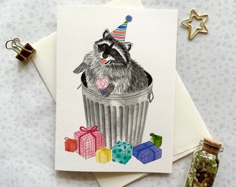 Raccoon Birthday Card. Raccoon Lover. Blank Card. Watercolor Art. Raccoon Gift. Pun Card. Animal card. Raccoon in trash