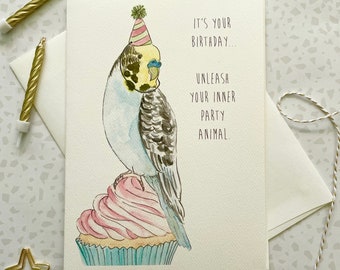 Parakeet Card. Party Animal Card. Bird Birthday Card. Cupcake Card. Friend Birthday Card. Blank Card. Single Card. Party Hat Card