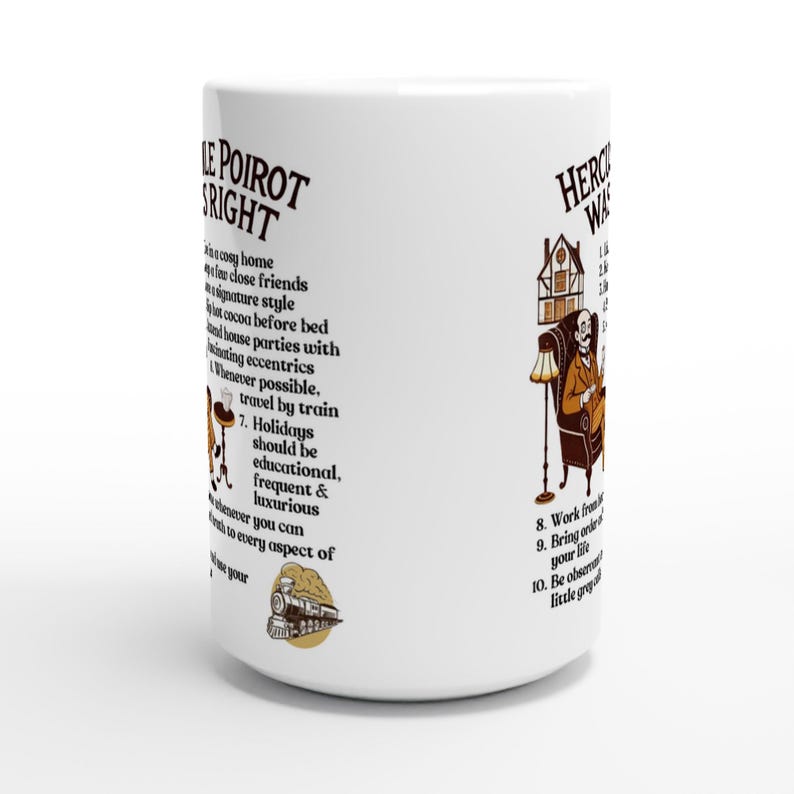 Hercule Poirot Mug - Mystery Lovers Coffee Cup - White 15oz Ceramic Mug image 2