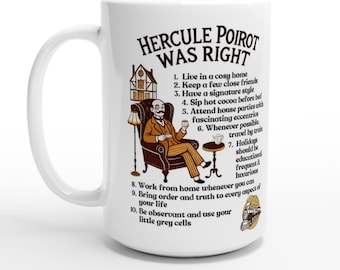 Hercule Poirot Mug - Mystery Lovers Coffee Cup  - White 15oz Ceramic Mug