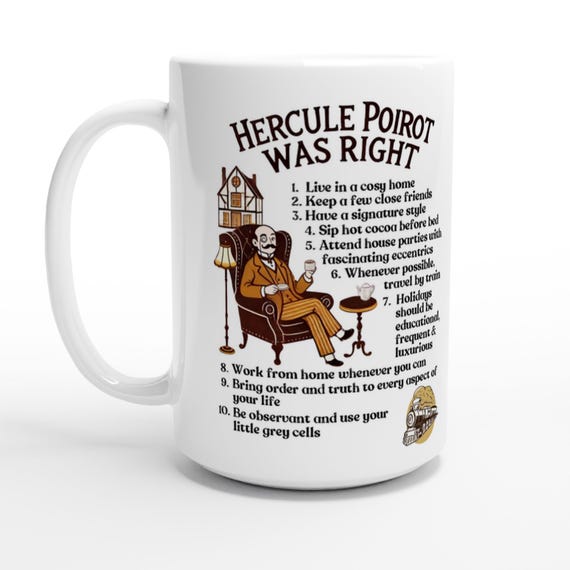 Hercule Poirot Mug - Mystery Lovers Coffee Cup  - White 15oz Ceramic Mug