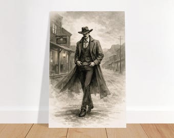 Wyatt Earp Sketch Poster, Vintage Style Sepia Tones, Western Art Print, Handmade Wall Art, Gift for History Buffs