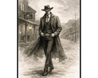 Wyatt Earp Sketch Drawing Framed Poster | Historic Western Art Print | Unique Gift for History Buffs