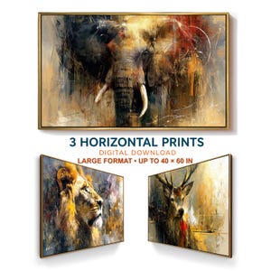 Op de afbeelding: Drie horizontale wandkunstprints met abstracte olieverfschilderijen van een olifant, een leeuw en een hert. De tekst luidt 3 HORIZONTAL PRINTS DIGITAL DOWNLOAD LARGE FORMAT UP TO 101.6 x 152.4 CM. Het kleurenpalet bevat goud, bruin en rood.