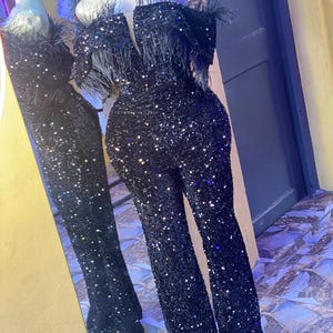 Beautiful black sequins jumpsuit, Black birthday jumpsuit,Elegant sparkly jumpsuit, Black off shoulder jumpsuit, Black prom jumpsuit