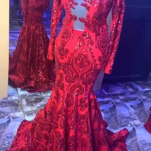 Lovely red sequins lace mermaid prom dress , Elegant formal evening gown for special occasions, red prom gown, Red party dress, red gown