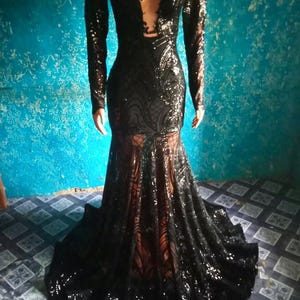 Lovely black long sleeve lace mermaid prom dress , Elegant formal evening gown for special occasions, Black prom gown, Black party dress,