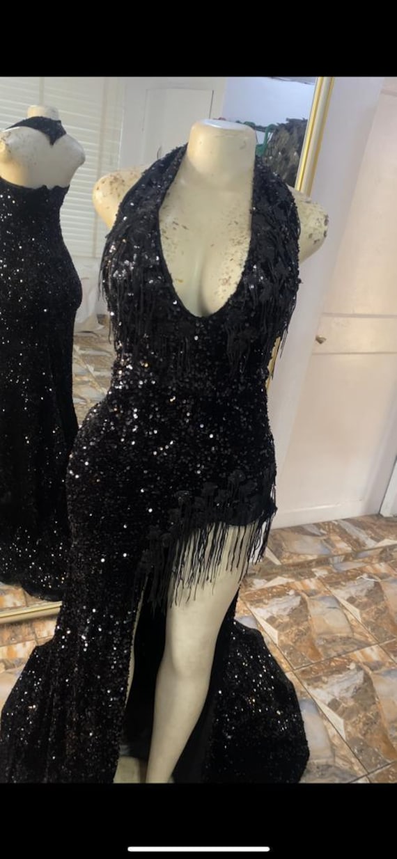 strapless open back dress Long Sequin Halter Prom Dress with Open Back– PromGirl main image 1