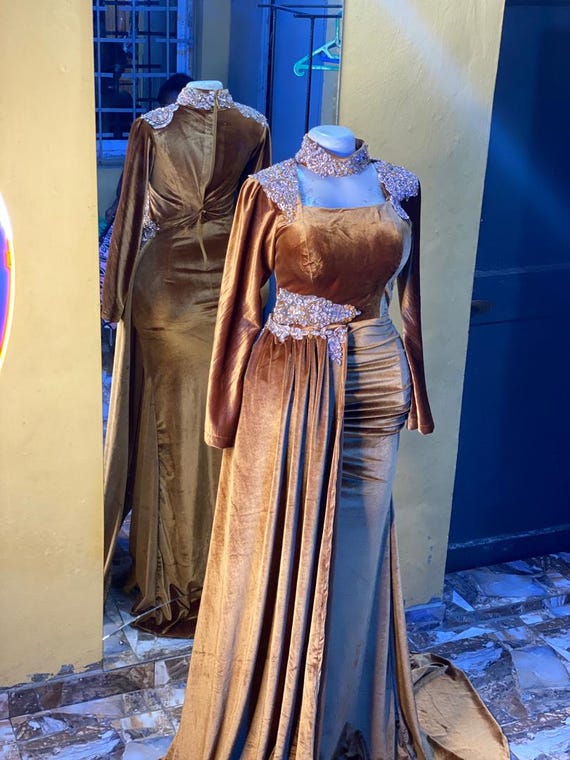 gold velvet prom dress Stunning Mermaid With Embellishments, Gold Wedding Reception Dress, Gold Birthday Dress, Homecoming Gold Dress elegant gold prom dress