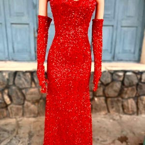 Stunning red sequins mermaid prom dress with handmade gloves, Elegant formal evening gown for special occasions, red prom gown