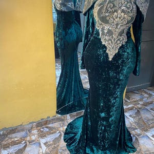 Stunning velvet green mermaid long sleeves prom dress , Elegant formal evening gown for special occasions, Green prom gown, green party dres