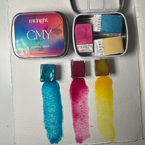 CMY プライマリー ミキシング セット - パーマネント マゼンタまたはクイン ローズで利用可能なハーフ パンまたはフル パン セットの手作りプライマリー水彩絵の具