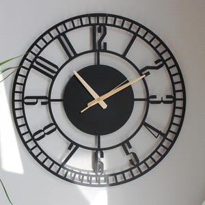 Large Modern Metal Wall Clock with Roman Numerals – Black Industrial Open Frame Wall Clock, Minimalist Home Decor, Silent Quartz Clock