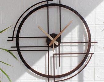 Large Hammered Copper Metal Wall Clock, Modern Geometric Silent Clock, Minimalist Handmade Steel Wall Decor, Living Room Gift