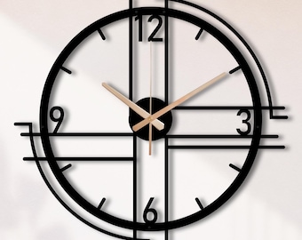 Large Black Metal Wall Clock – Modern Geometric Frame, Silent Mechanism, Living Room Decor