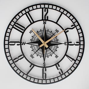 Große Kompass-Wanduhr aus Metall, geräuschlose moderne Seeuhr, Küsten-Wanddekoration, Stahlkunst