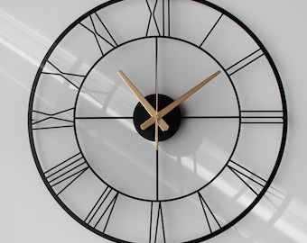 Large Black & Gold Metal Wall Clock, Silent Roman Numeral Clock, Modern Minimalist Wall Decor, Perfect Housewarming and Wedding Gift,WANDUHR