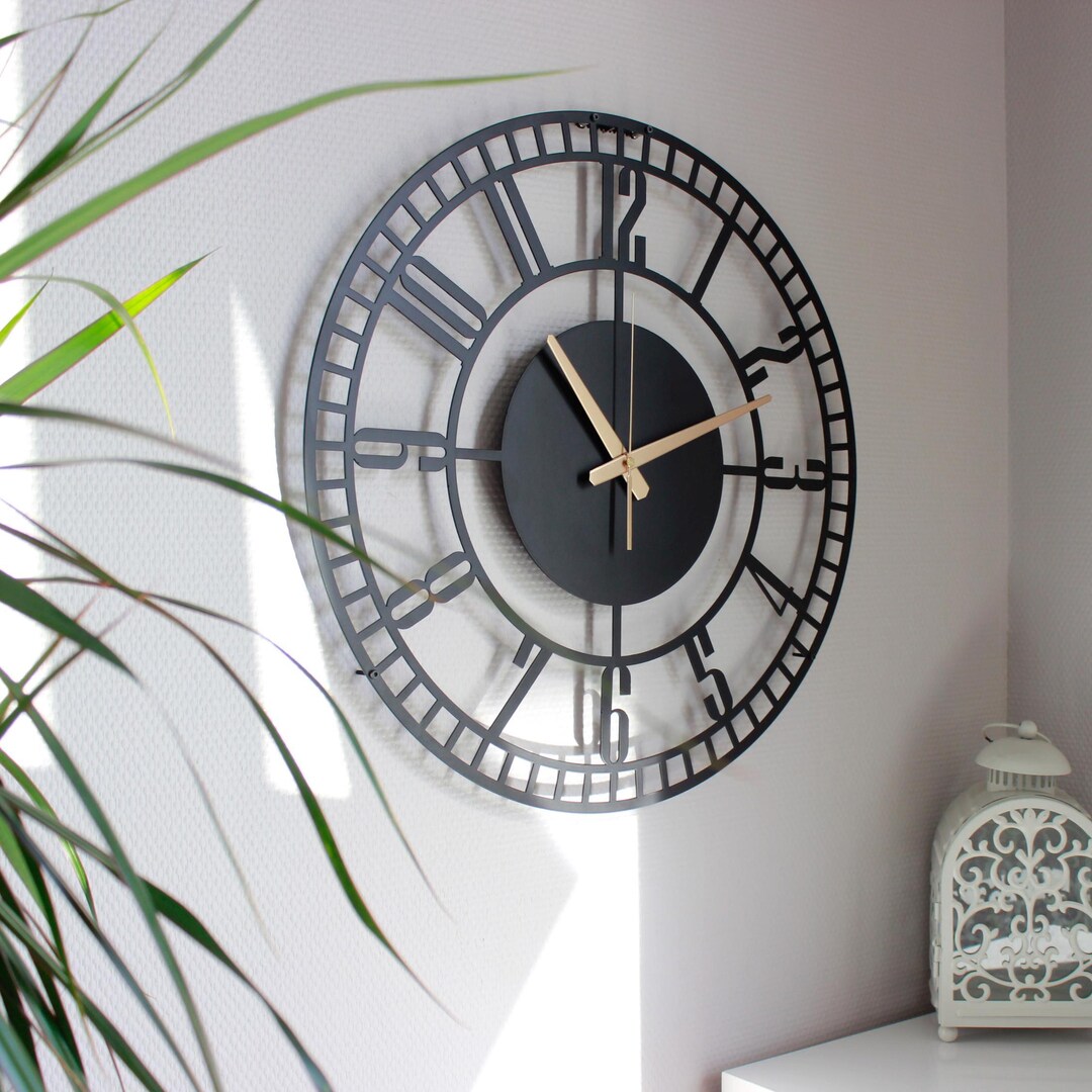 Large Modern Metal Wall Clock With Roman Numerals – Black Industrial ...