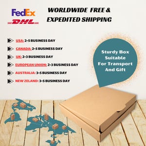 May include: A brown cardboard box with the text "Sturdy Box Suitable For Transport And Gift" on a blue background. The box is sitting on a wooden surface. The image also includes a world map with shipping information for FedEx and DHL.