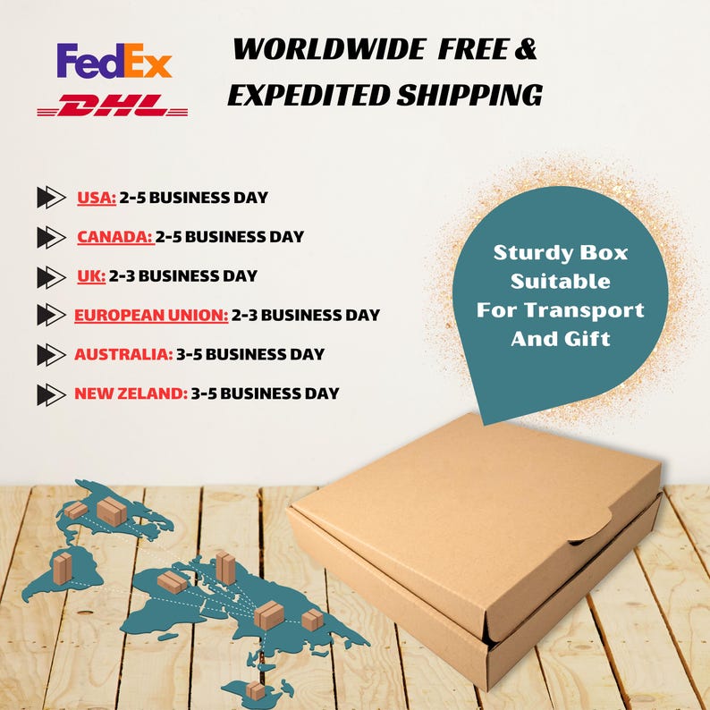 May include: A brown cardboard box with the text "Sturdy Box Suitable For Transport And Gift" on a blue background. The box is sitting on a wooden surface. The image also includes a world map with shipping information for FedEx and DHL.