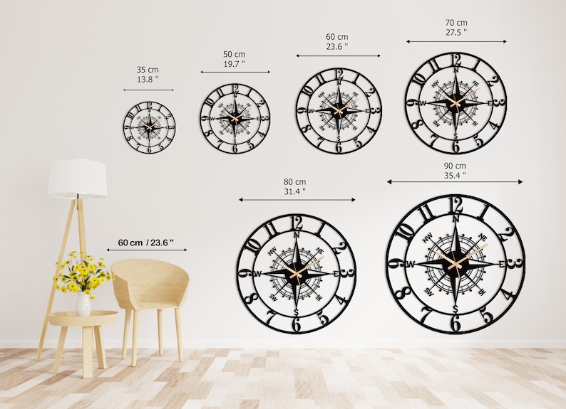 Silent Metal Compass Wall Clock: Large Black Nautical Decor - Etsy