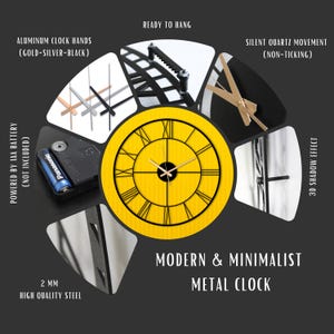 May include: A modern minimalist metal clock with Roman numeral markings on a yellow face. The clock is 2 mm thick and made of high-quality steel. It is powered by a AA battery (not included) and has a silent quartz movement. The clock is ready to hang and features a 3D shadow effect.