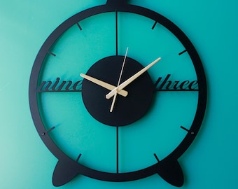 Modern Black Metal Wall Clock: Alarm Clock Silhouette, Silent Home Decor