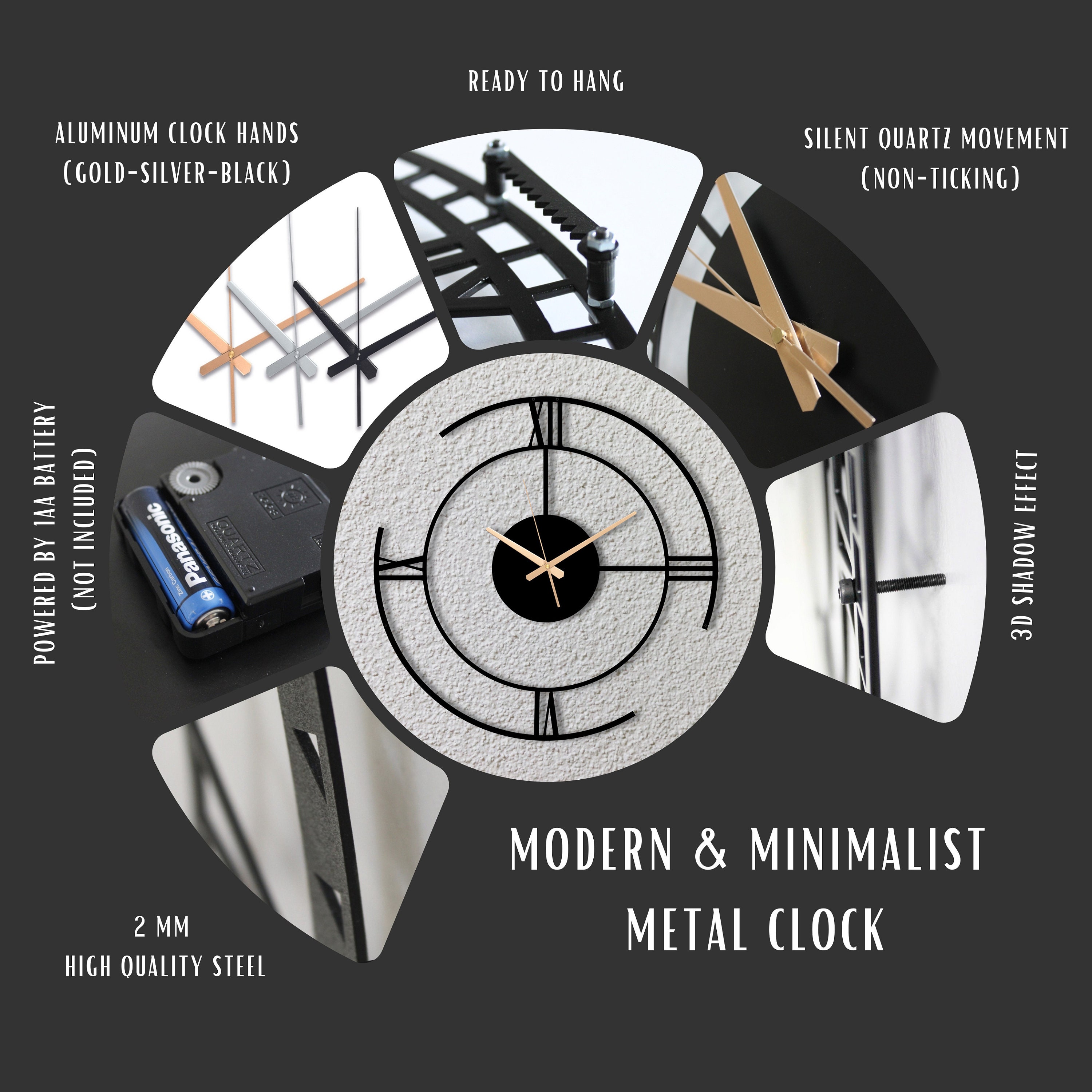 ケーズフォームとポリシー ミニマリストな金属製壁掛け時計：大きなサイレントモダン