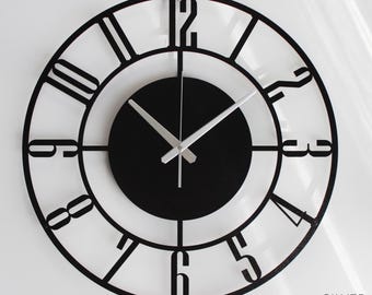 Oversized Mid-Century Modern Metal Wall Clock, Silent Farmhouse Decor, Hammered Bronze Silver