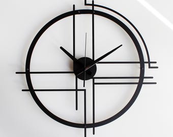 Minimalist Abstract Metal Wall Clock, Modern Geometric Decor, Silent Black Luxury Clock, Mid Century