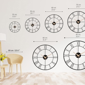 May include: A set of six black metal wall clocks with Roman numeral markings and gold hands. The clocks are shown in various sizes, ranging from 13.8 inches to 35.4 inches in diameter.