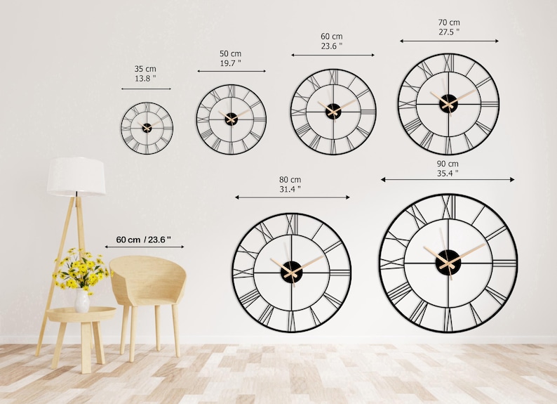 May include: A set of six black metal wall clocks with Roman numeral markings and gold hands. The clocks are shown in various sizes, ranging from 13.8 inches to 35.4 inches in diameter.