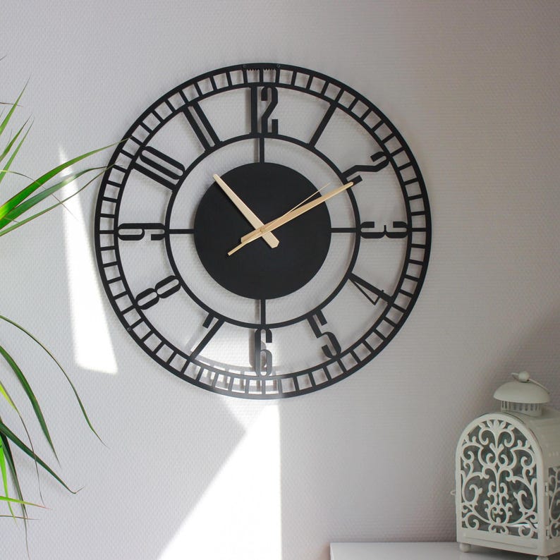 Large Modern Metal Wall Clock With Roman Numerals – Black Industrial ...