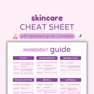 Herunterladbarer Inhaltsstoffführer für die Hautpflege | Digital druckbare PDF | Hautpflege-Tracker | Hautpflege Planer |Planer |