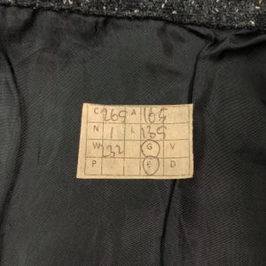 Pode incluir: Close-up de um tecido cinza escuro com apar&ecirc;ncia texturizada. Uma etiqueta retangular com n&uacute;meros e letras manuscritos est&aacute; anexada. A etiqueta inclui os n&uacute;meros 269, 165, 139 e 32, juntamente com outras letras.