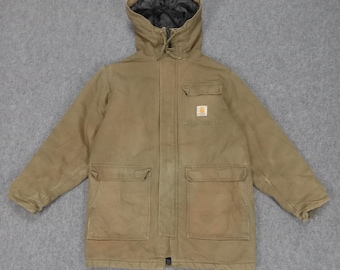 Jaqueta Carhartt vintage estilo trabalhador com capuz e efeito desgastado.
