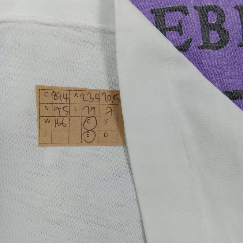 May include: Close-up of a white fabric with a tag attached. The tag has several rows of numbers and letters, including "C294", "N95", and "W166". A purple fabric with the letters "EBI" is visible in the background.