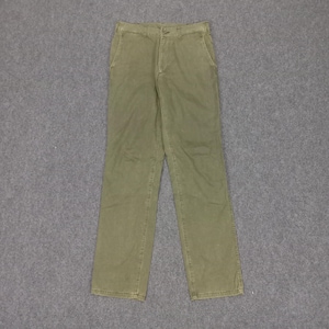 May include: A pair of olive green trousers with a straight leg and a button fly.