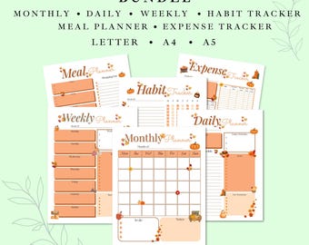 Paquete de planificadores imprimibles con temática otoñal: diario, semanal, de hábitos, de comidas y de seguimiento de gastos (descarga digital).
