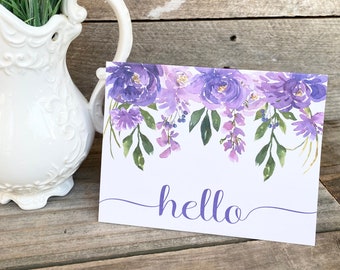 Hello Note Cards - Lavender Watercolor Note Cards - Watercolor Greeting Cards Set of 8