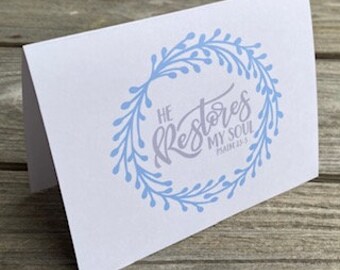 He Restores My Soul - Christian Note Cards - Blue and Gray