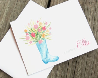 Personalized Stationery - Rain Boot Bouquet - Bouquet Note Card Set